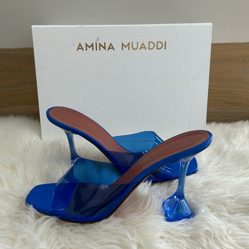AMINA MUADDI Lupita Glass electric blue pvc material 4” heel